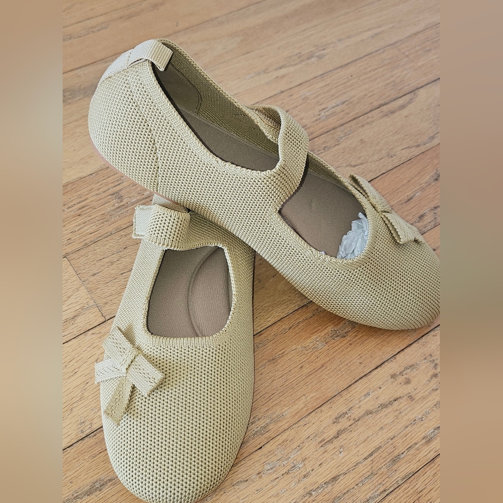 Frank Mully Girls Knitted Mary Jane Stylish Girls Tan Ballet Flats w Bow Size 5